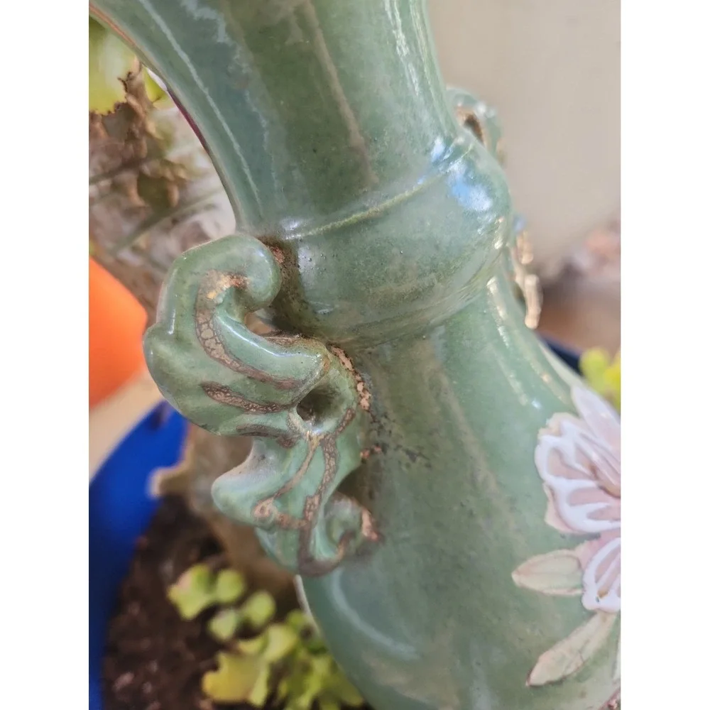 Vtg Japanese Moriage Satsuma Vase Double Handle Green Pink Floral Gold Guilt 10